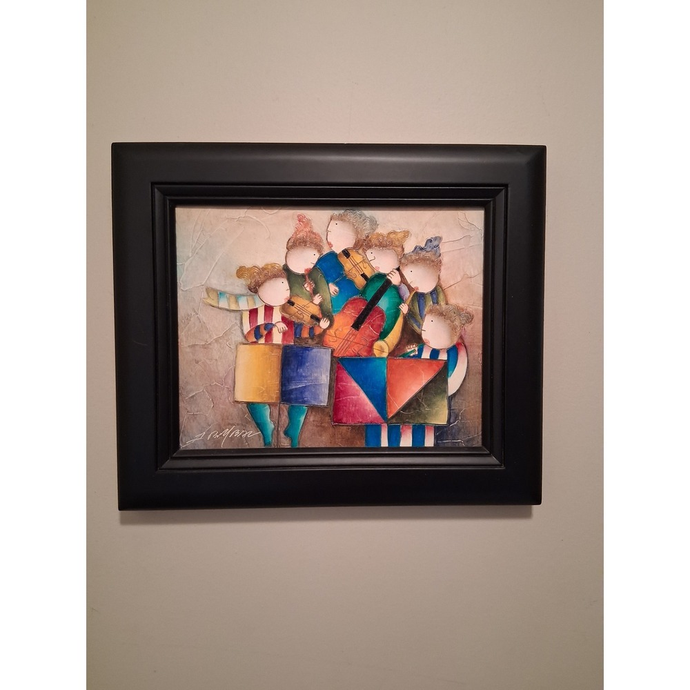 Joyce Roybal oil painting Children Playing Music Cello Violin Black Frame